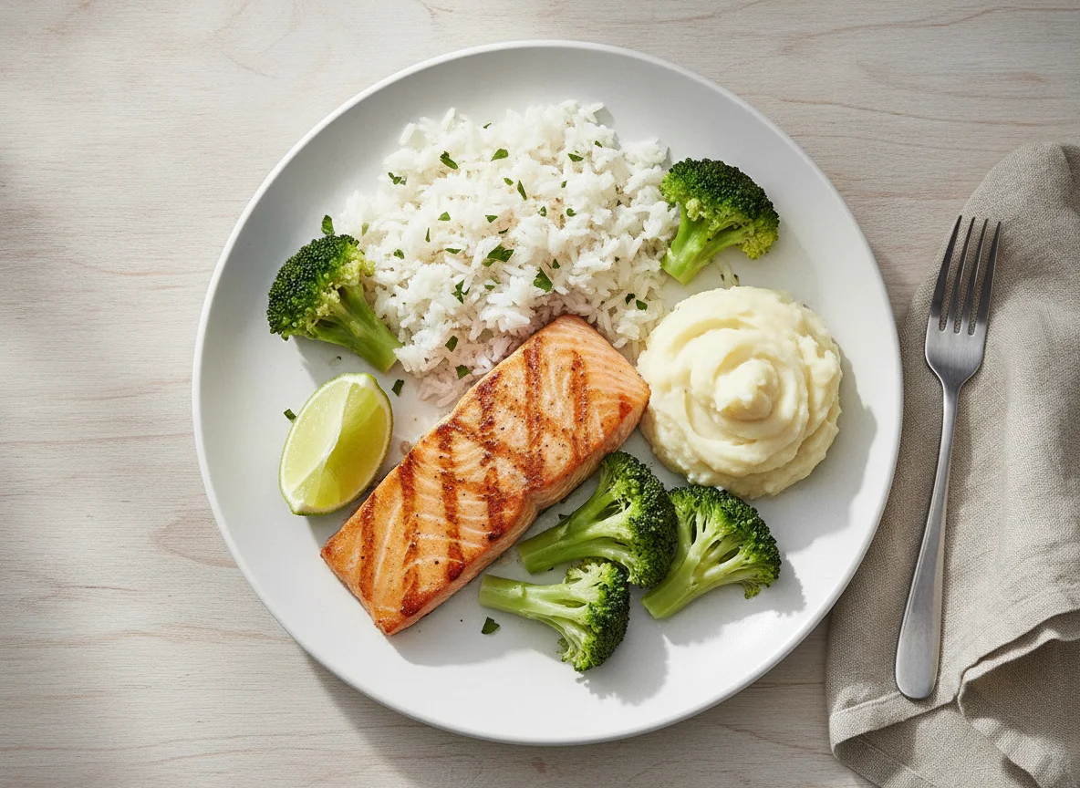 Salmão Grelhado com Arroz, Purê de Batata e Brócolis photo