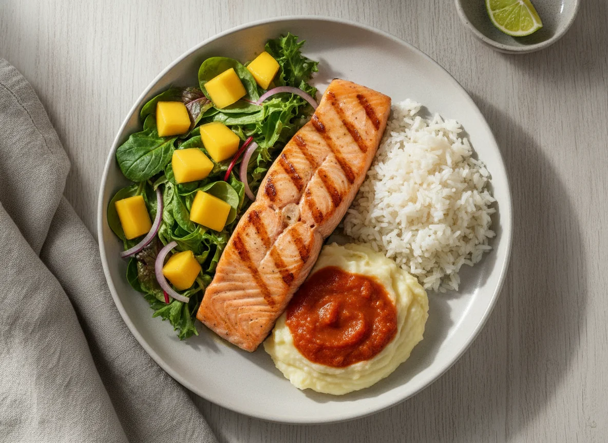 Salmão grelhado com arroz, purê e salada de manga photo
