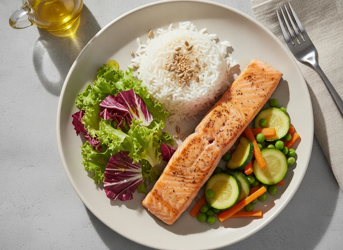 Salmão grelhado com arroz, salada e legumes photo