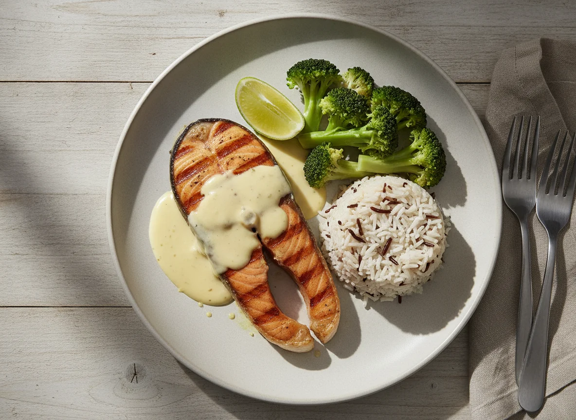 Salmão grelhado com arroz selvagem e brócolis photo