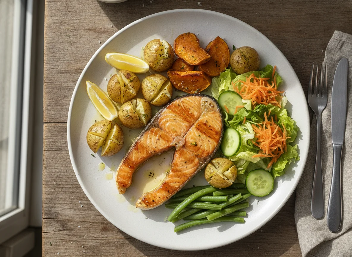 Salmão Grelhado com Batata a Murro e Legumes photo