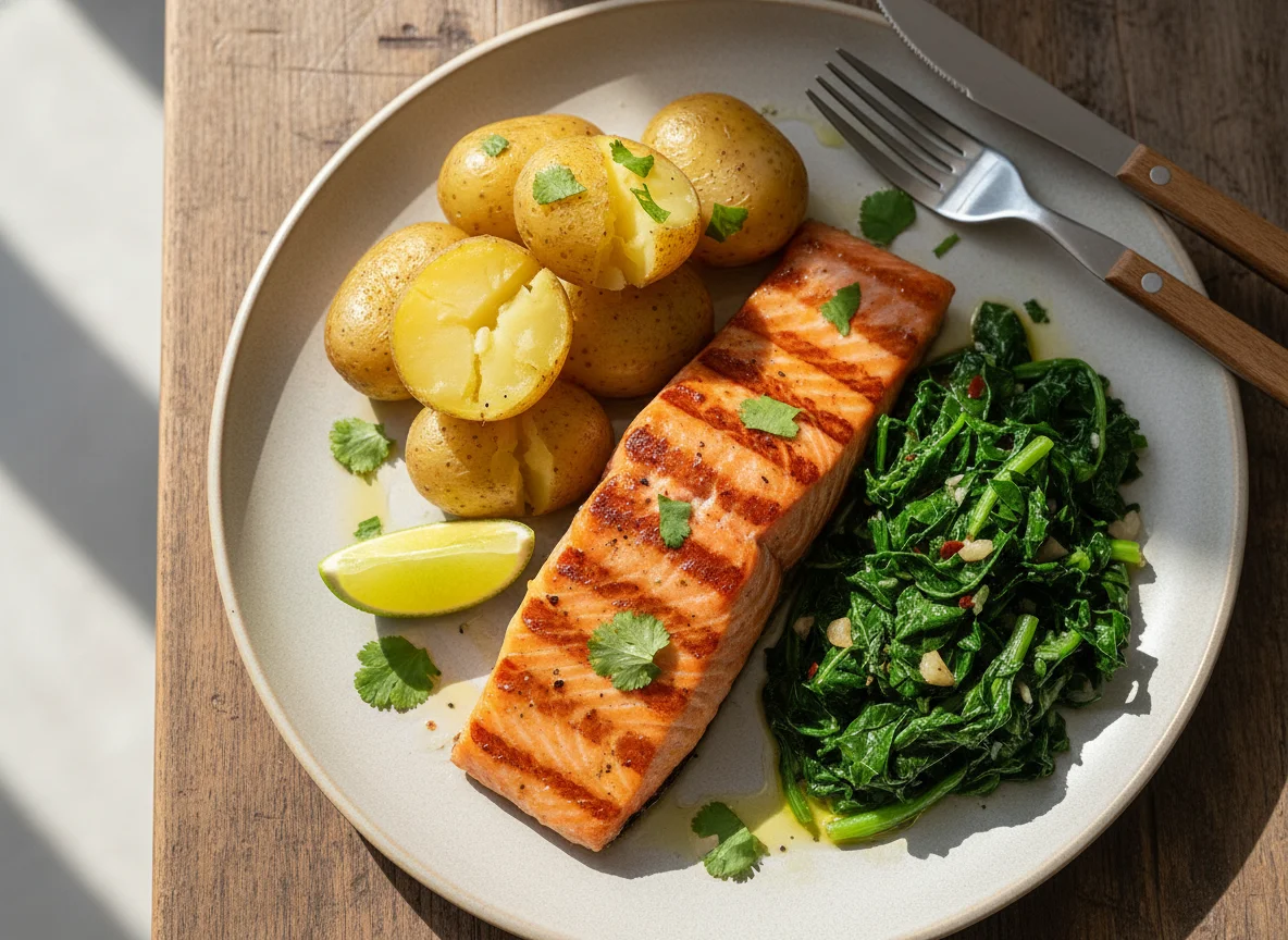 Salmão grelhado com batata cozida e couve salteada photo