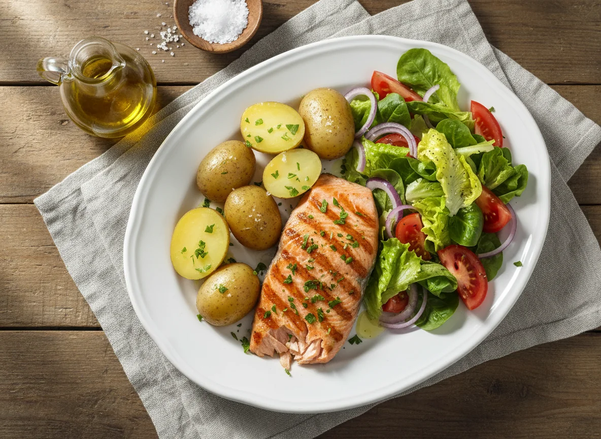 Salmão Grelhado com Batata Cozida e Salada photo