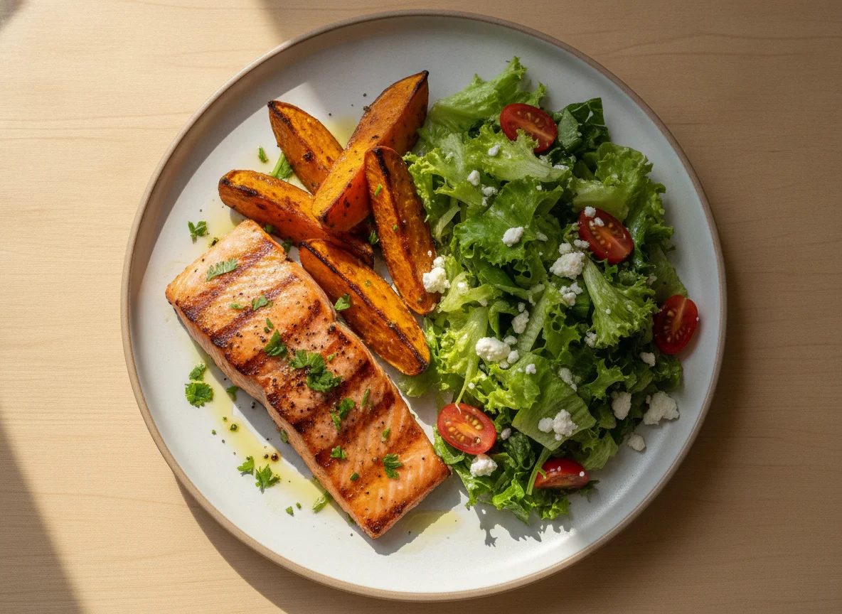 Salmão grelhado com batata-doce assada e salada mista photo