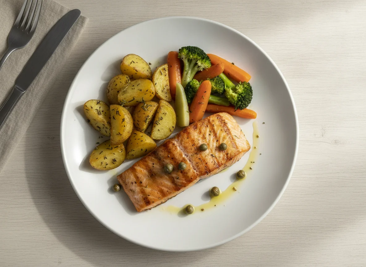 Salmão grelhado com batatas assadas e legumes photo