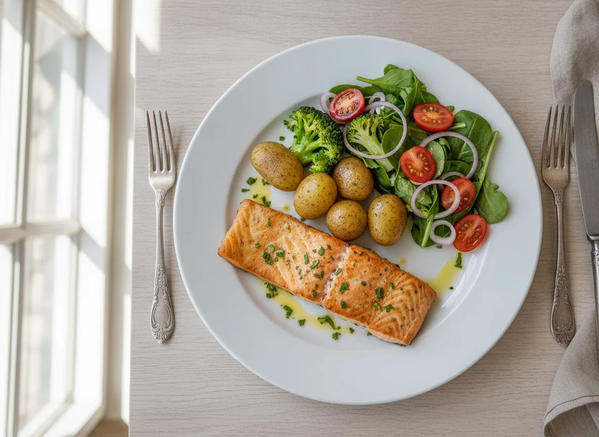 Salmão grelhado com batatas, brócolis e salada de tomate photo