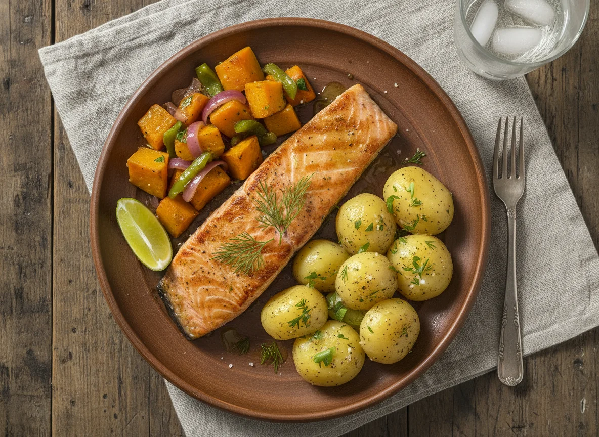 Salmão grelhado com batatas e abóbora photo