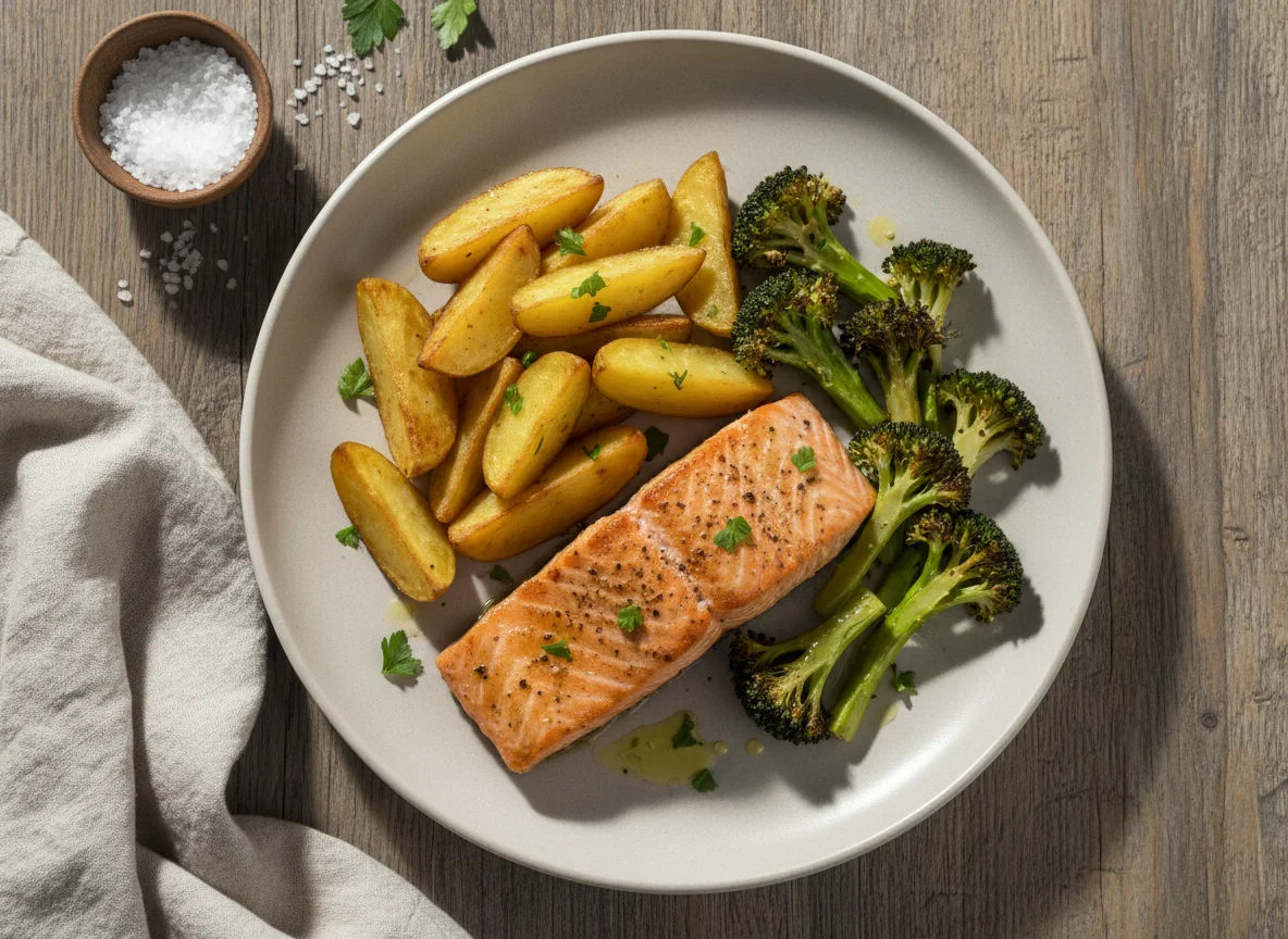 Salmão grelhado com batatas e brócolis photo