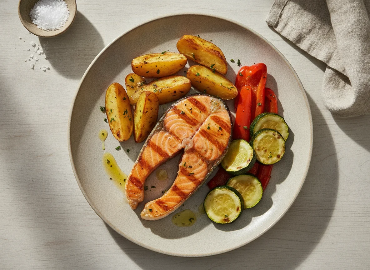 Salmão grelhado com batatas e legumes assados photo