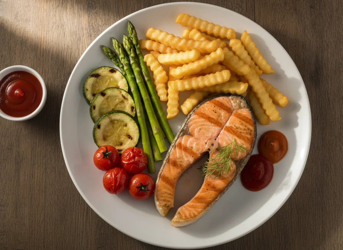 Salmão grelhado com batatas fritas e legumes photo