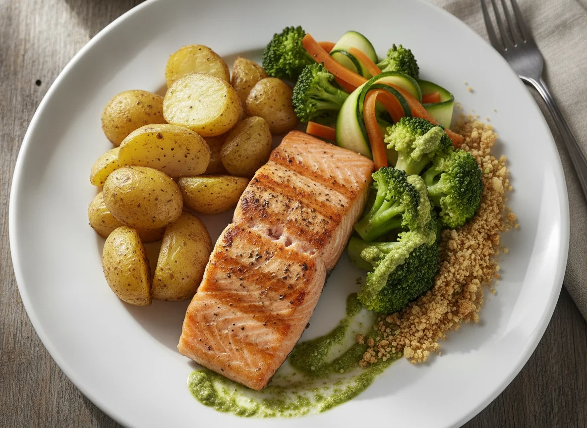Salmão Grelhado com Batatas Rústicas e Salada de Brócolis photo