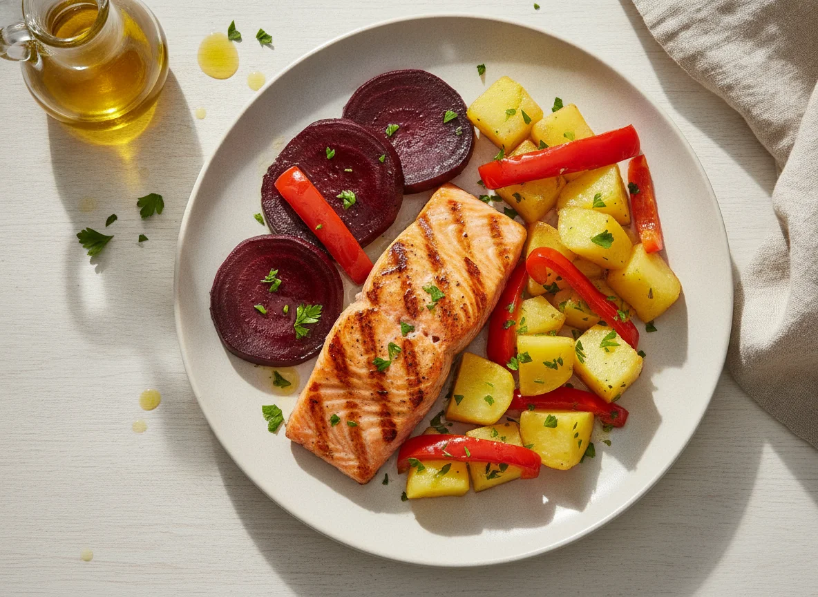 Salmão grelhado com beterraba, batata cozida e pimento photo