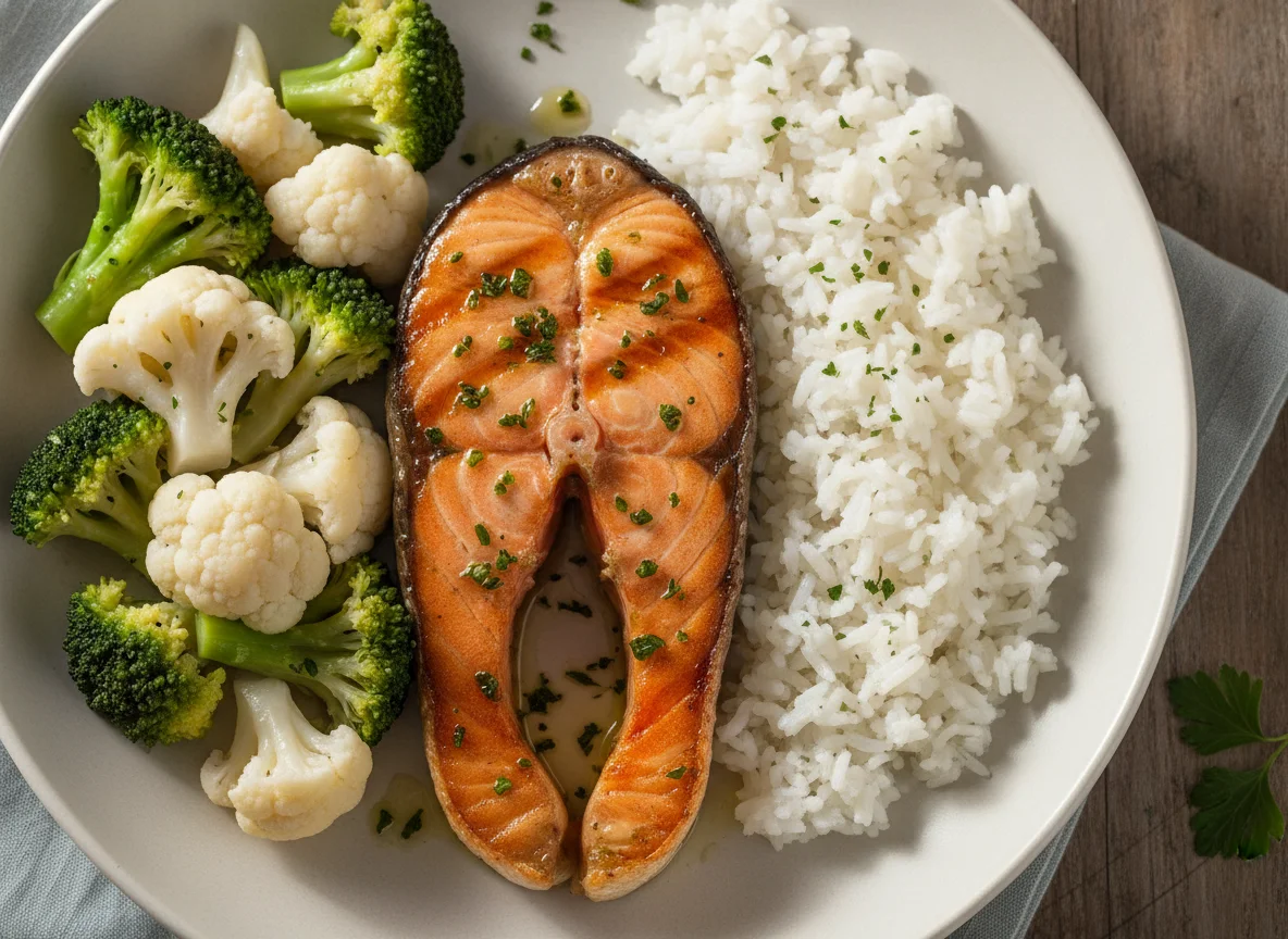 Salmão grelhado com brócolis, couve-flor e arroz photo