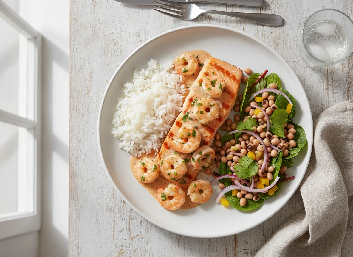 Salmão Grelhado com Camarão ao Molho Rosé, Arroz e Salada de Feijão Fradinho photo