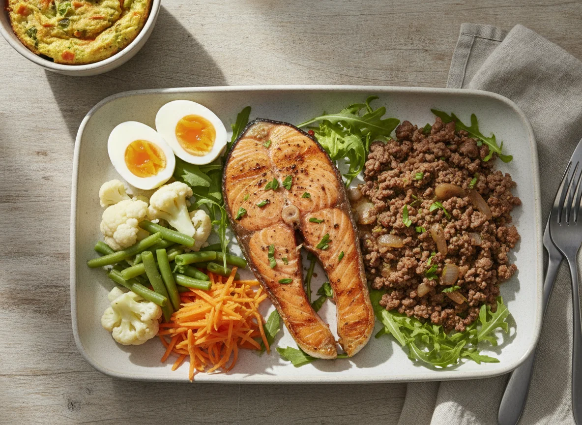 Salmão grelhado com carne moída, ovo e vegetais photo