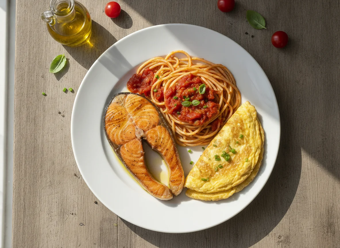 Salmão grelhado com espaguete ao molho de tomate e omelete photo