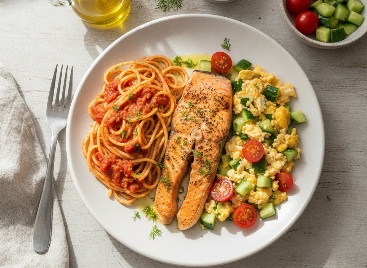 Salmão grelhado com espaguete e ovos mexidos com vegetais photo