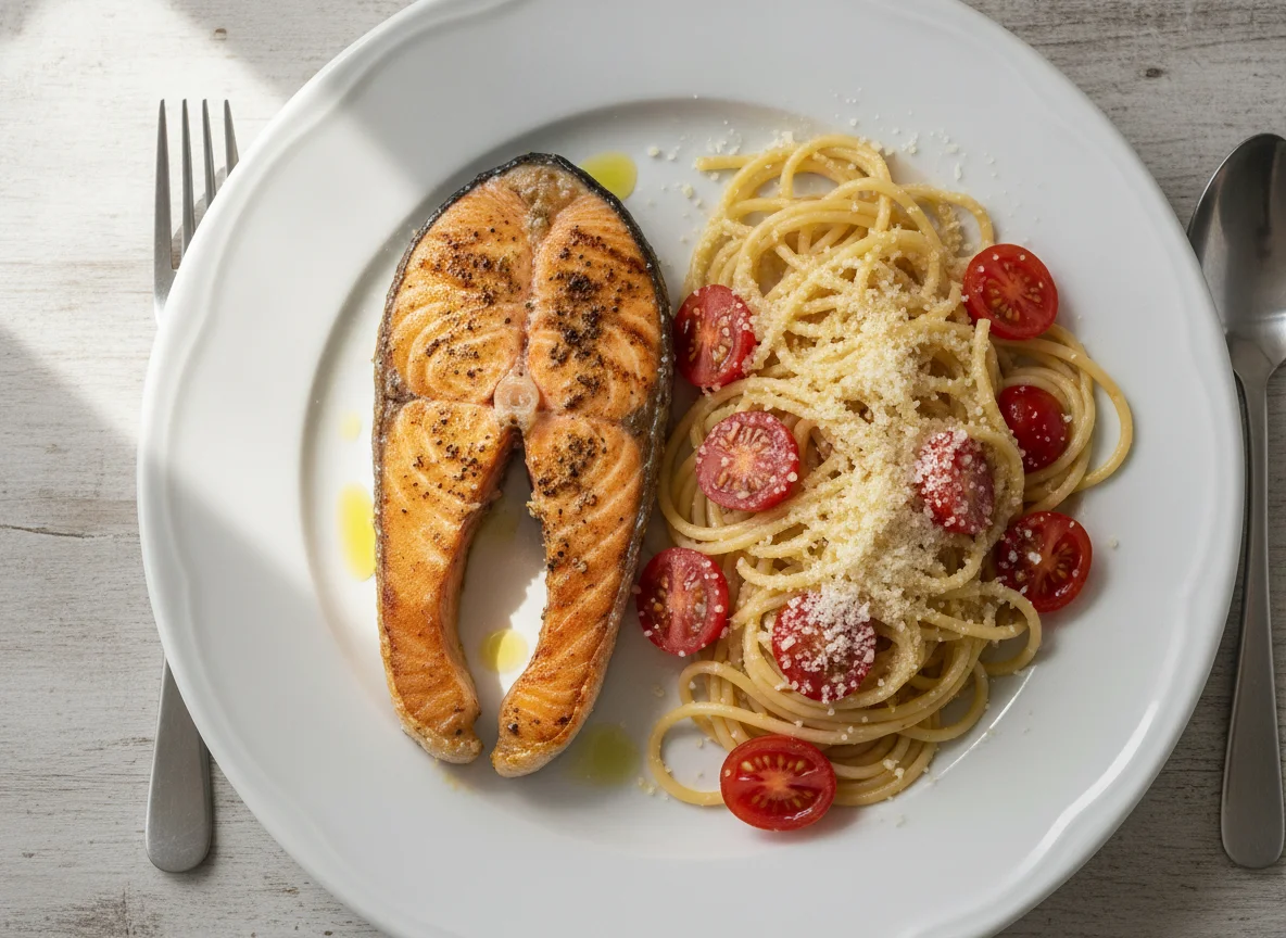 Salmão grelhado com espaguete e tomate photo