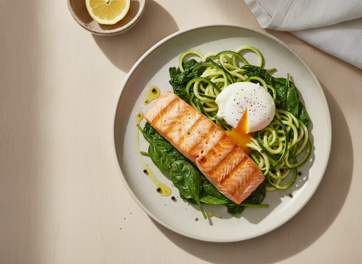 Salmão grelhado com esparguete de curgete e espinafres photo