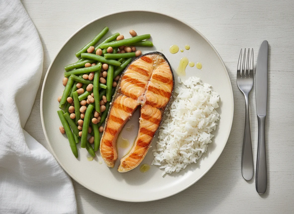 Salmão Grelhado com Feijão Verde e Arroz photo