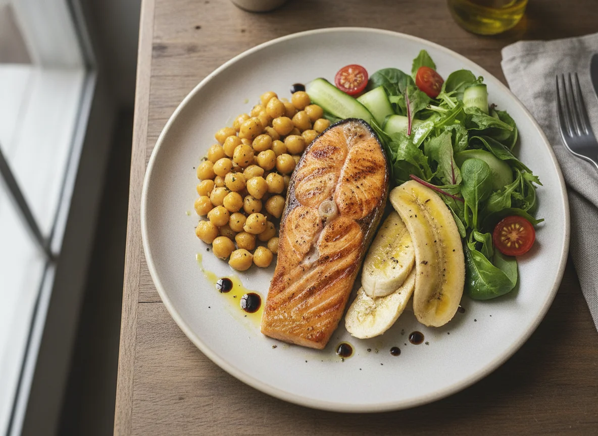 Salmão grelhado com grão-de-bico, banana e salada photo