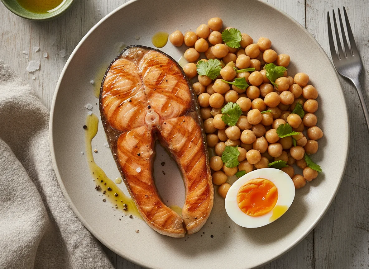 Salmão grelhado com grão-de-bico e ovo cozido photo