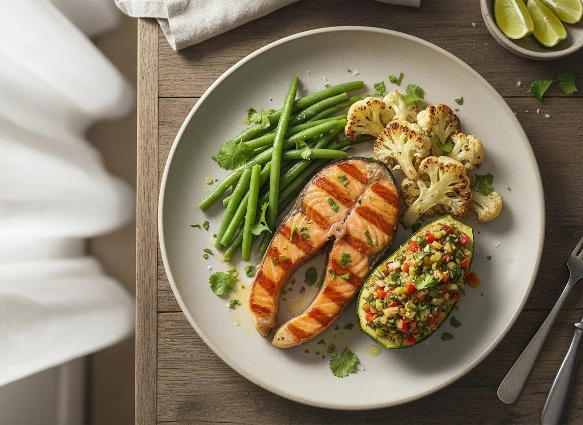 Salmão grelhado com legumes photo