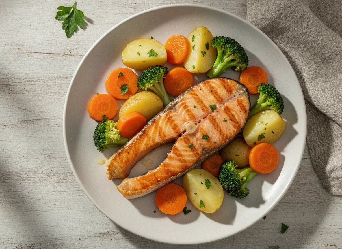 Salmão grelhado com legumes cozidos photo