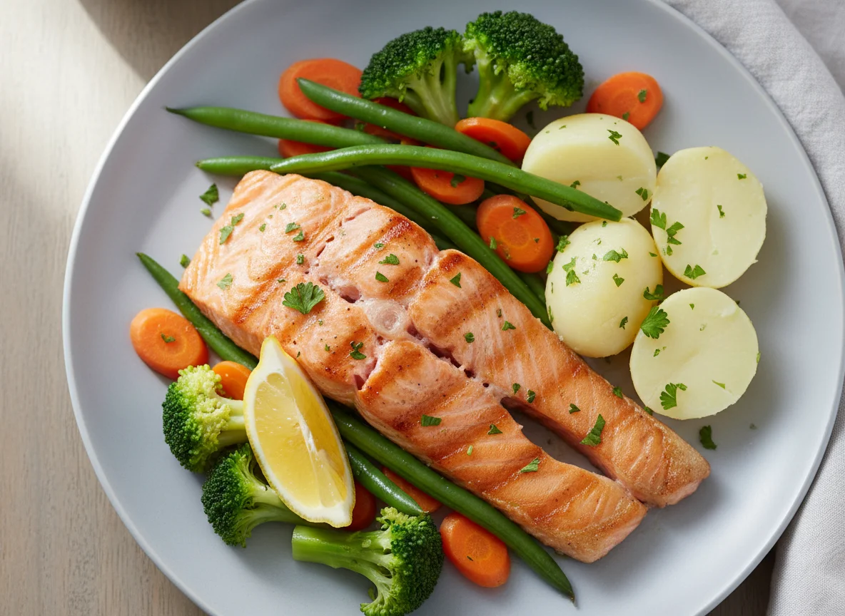 Salmão grelhado com legumes e batatas cozidas photo