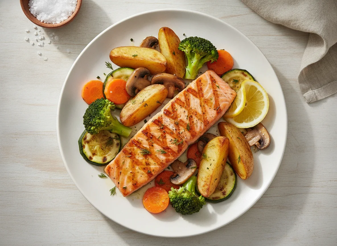 Salmão grelhado com legumes e batatas photo