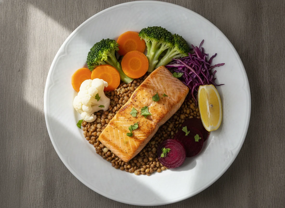 Salmão Grelhado com Legumes e Lentilhas photo
