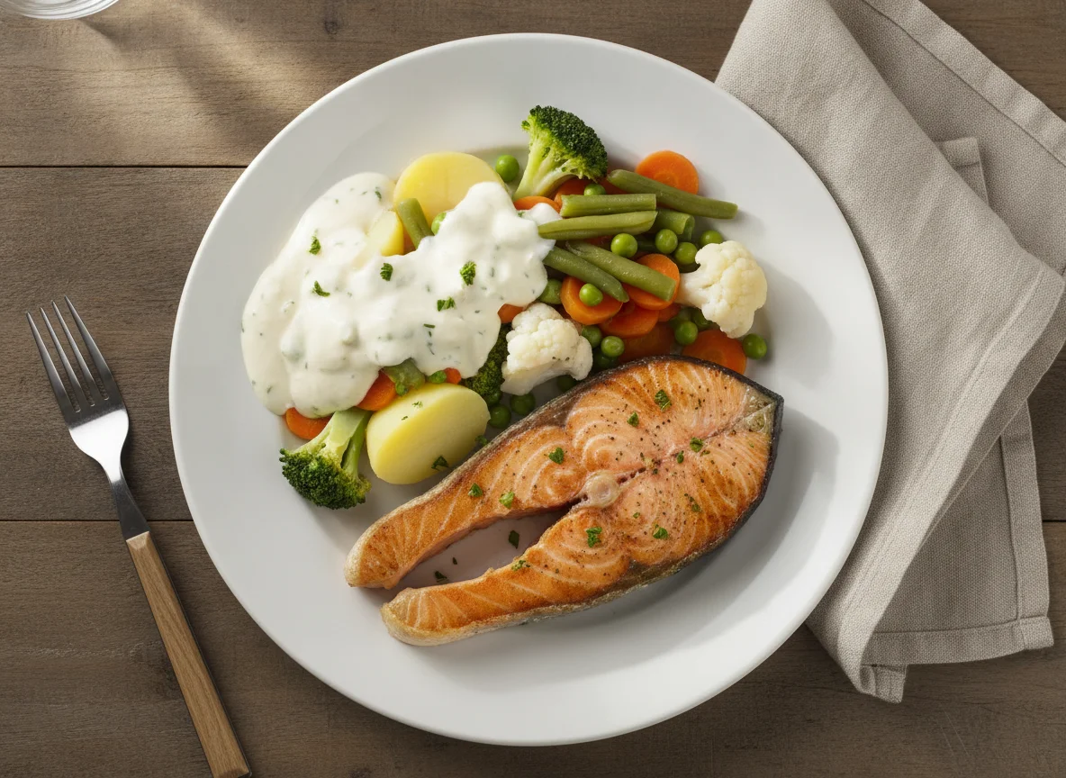 Salmão Grelhado com Legumes e Molho Branco photo