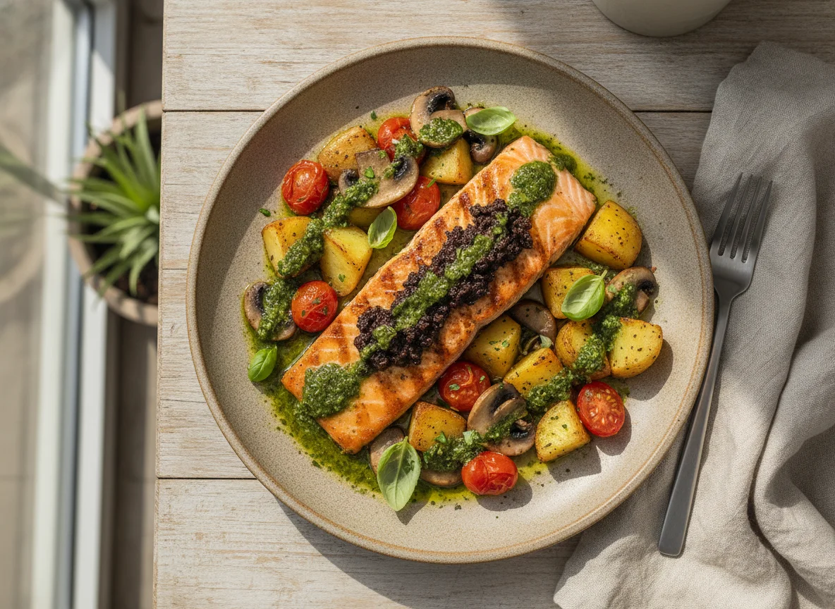 Salmão Grelhado com Legumes e Molho de Ervas photo