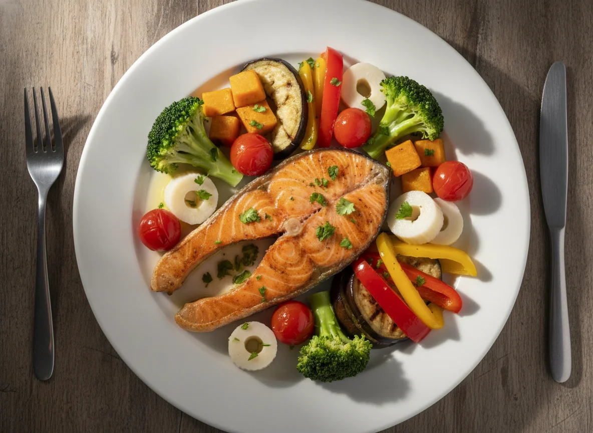 Salmão grelhado com legumes e palmito photo