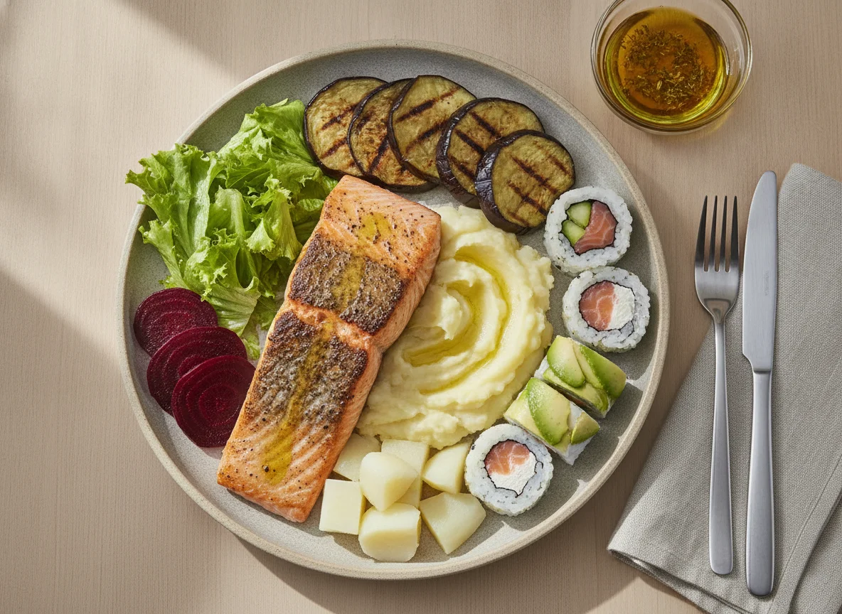 Salmão Grelhado com Legumes e Sushi photo