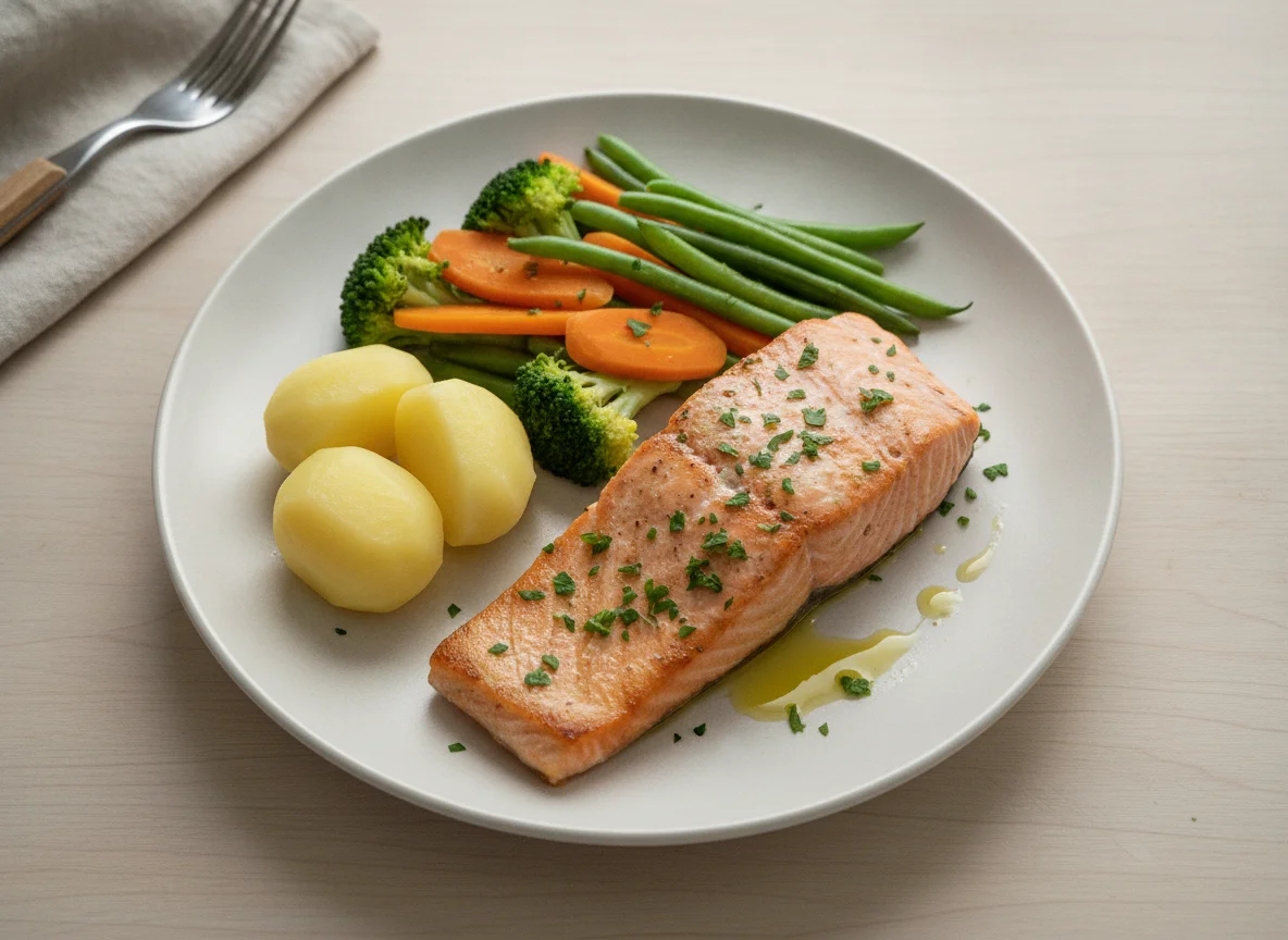 Salmão Grelhado com Legumes no Vapor photo