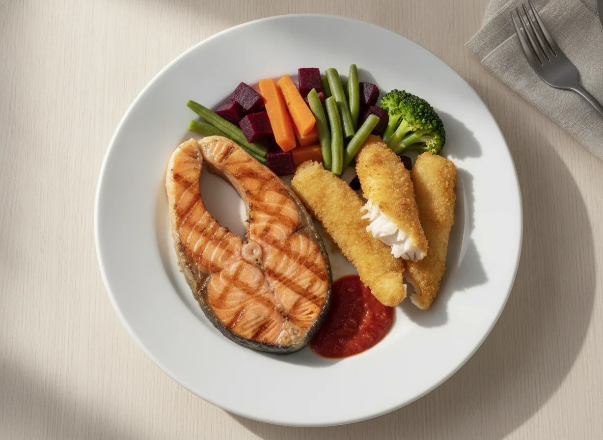 Salmão grelhado com peixe empanado e legumes variados photo