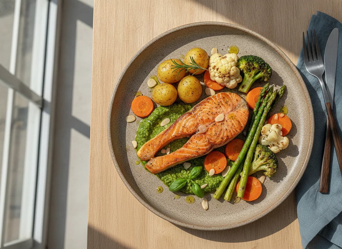 Salmão Grelhado com Pesto e Legumes Assados photo