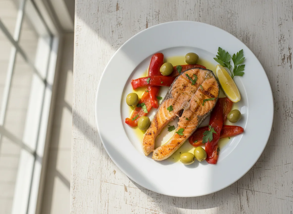 Salmão grelhado com pimentos e azeitonas photo