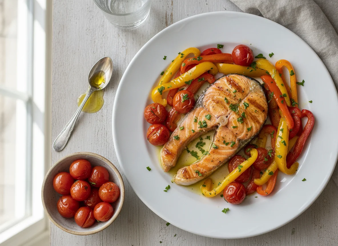 Salmão grelhado com pimentos e tomate cereja photo