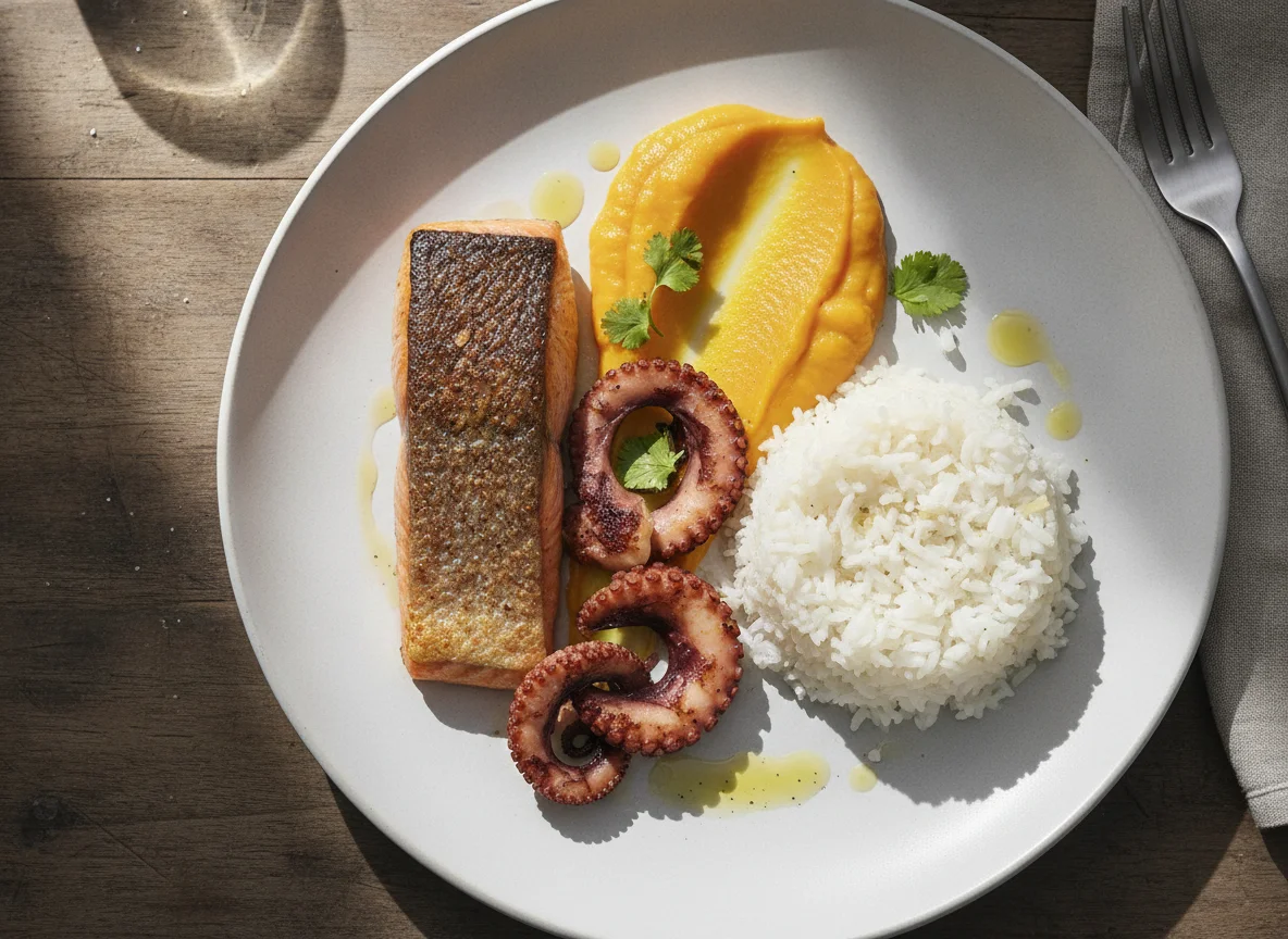 Salmão grelhado com polvo, purê de abóbora e arroz de konjac photo