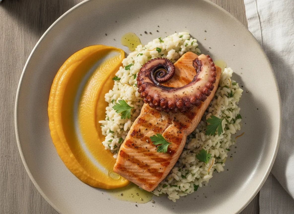 Salmão grelhado com polvo, purê de abóbora e risoto photo