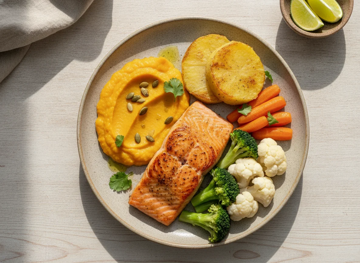 Salmão grelhado com purê de abóbora e legumes photo