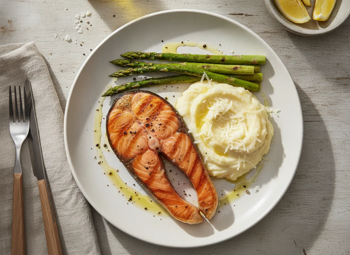 Salmão grelhado com puré de batata e espargos photo