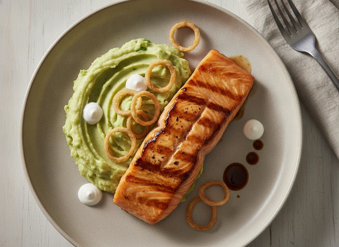 Salmão grelhado com puré de brócolos e batata photo