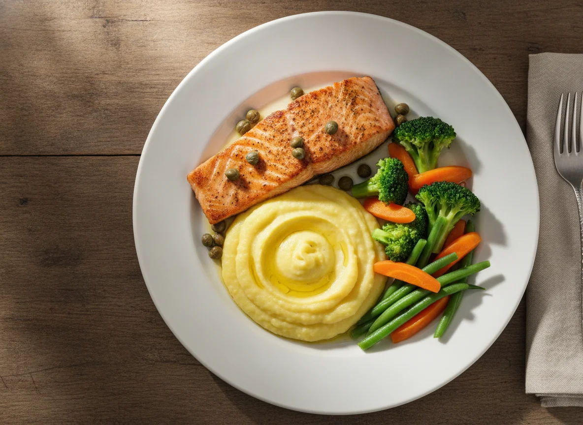 Salmão grelhado com purê de mandioquinha e legumes photo