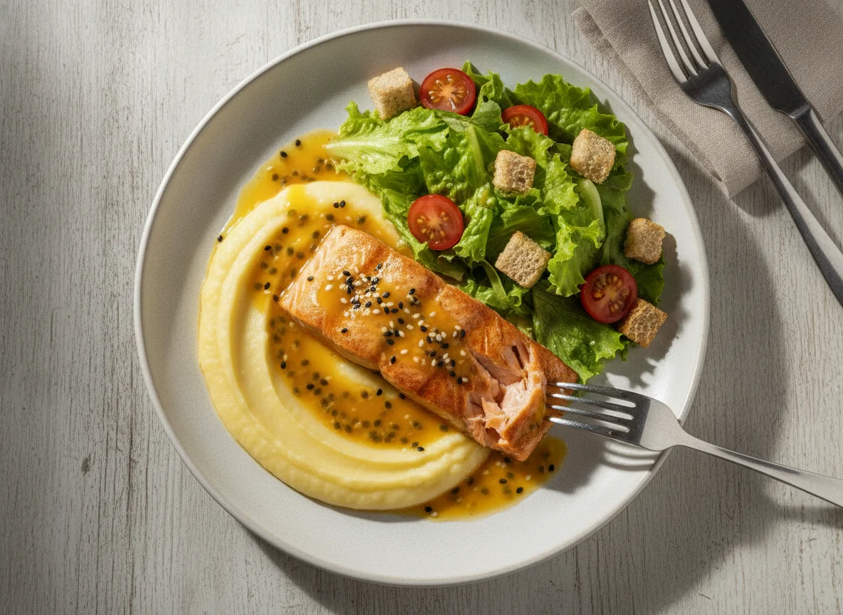 Salmão Grelhado com Purê de Mandioquinha e Salada Verde photo