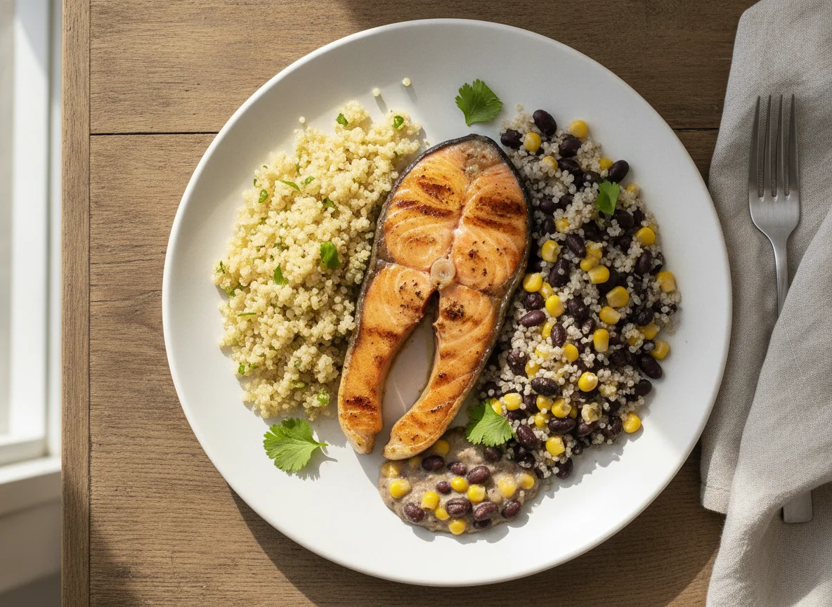 Salmão grelhado com quinoa cozida, arroz Konjac com milho e feijão preto photo