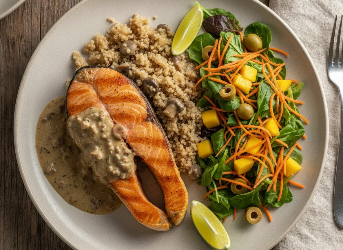 Salmão grelhado com quinoa e salada mista photo