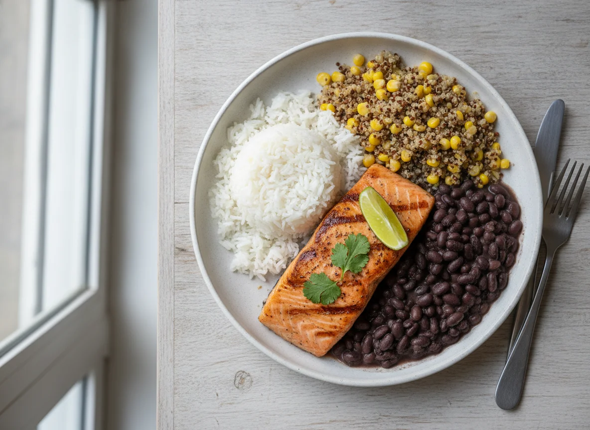 Salmão grelhado com quinoa, feijão preto, arroz e milho photo